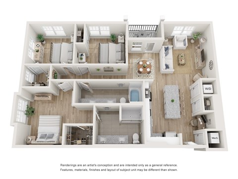 A 3D rendered image of a modern, minimalist apartment layout.